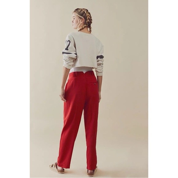 Free People Calla‎ Mid Rise Wide Leg Linen Blend Pleated Trousers Pants in Red - Picture 2 of 11